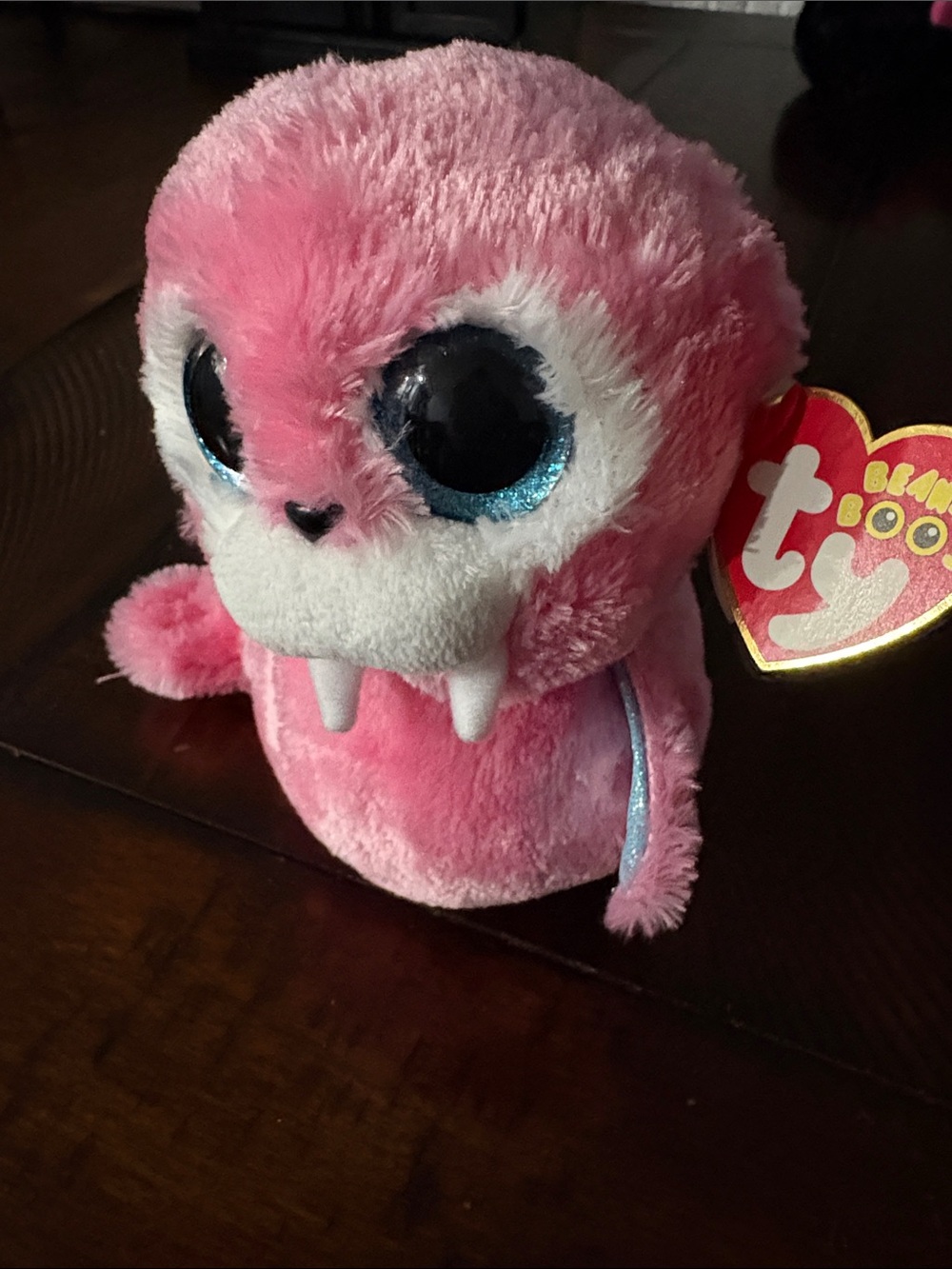 Ty Pink Walrus Beanie Boo Plush with Sparkly Blue Eyes